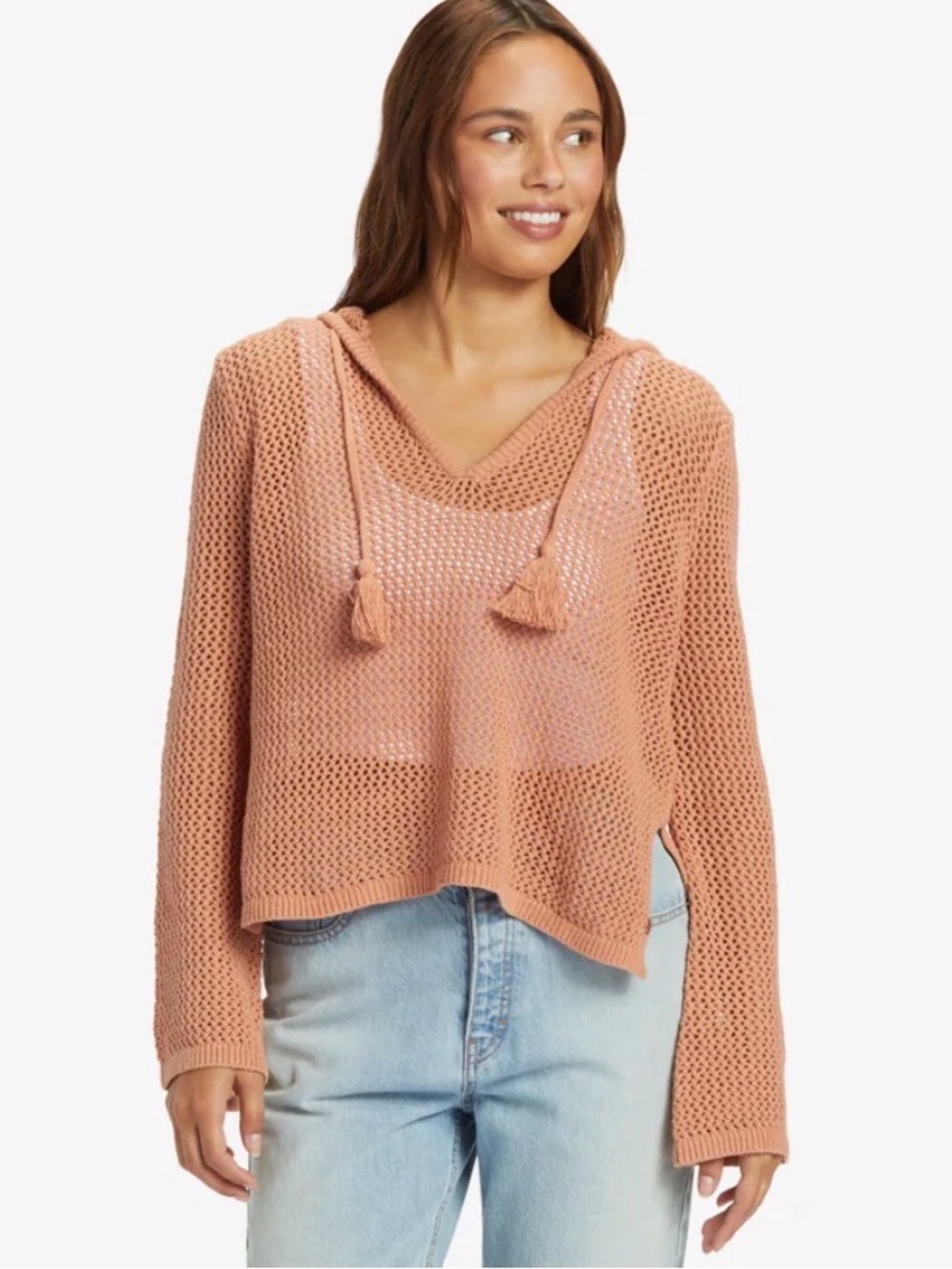 ROXY Hippie Love Crochet Hooded Sweater M Peach Coral Open Knit Cotton Blend